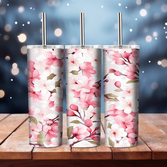 Cherry Blossom Skinny Tumbler, Floral Mug, Gift For Her - Picture 1 of 3